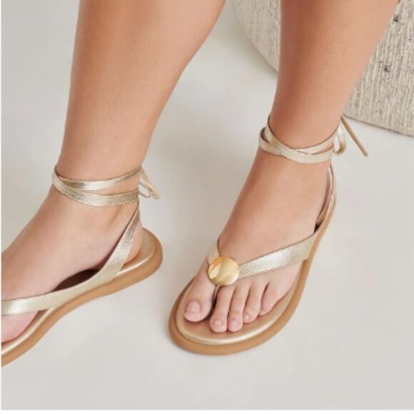 XYD Light Gold Open Toe Metal Gold Hardware Flip Flops Ankle Wrap Lace-up Flat - Picture 1 of 8